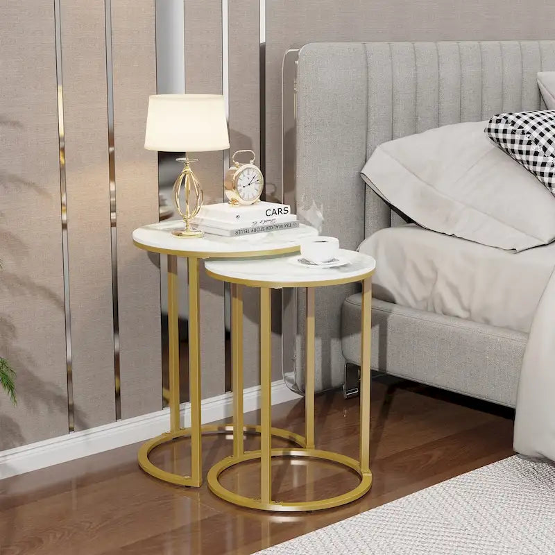 Round Nesting End Table Set Iron and Marble Accent Table - 15.7x21.5 inch & 13.7x19.7 inch