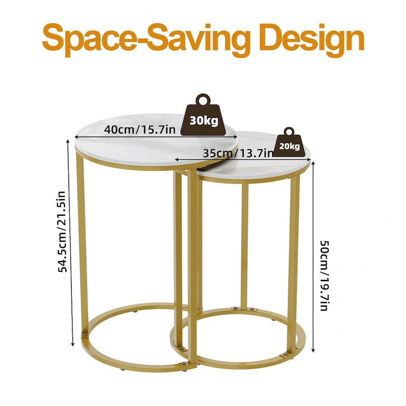 Round Nesting End Table Set Iron and Marble Accent Table - 15.7x21.5 inch & 13.7x19.7 inch