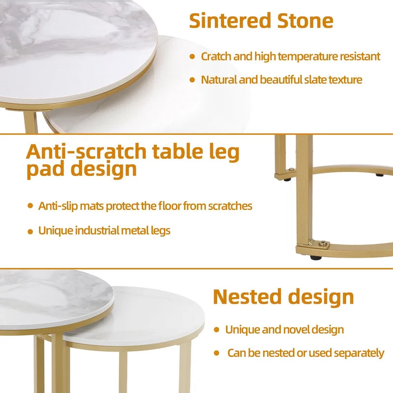 Round Nesting End Table Set Iron and Marble Accent Table - 15.7x21.5 inch & 13.7x19.7 inch