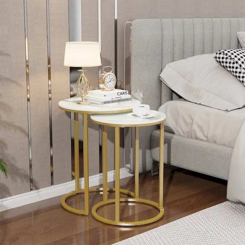 Round Nesting End Table Set Iron and Marble Accent Table - 15.7x21.5 inch & 13.7x19.7 inch
