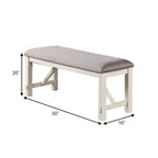 Lexi 50 Inch Dining Bench, Fabric Padded Seat, Rubberwood, Gray and White