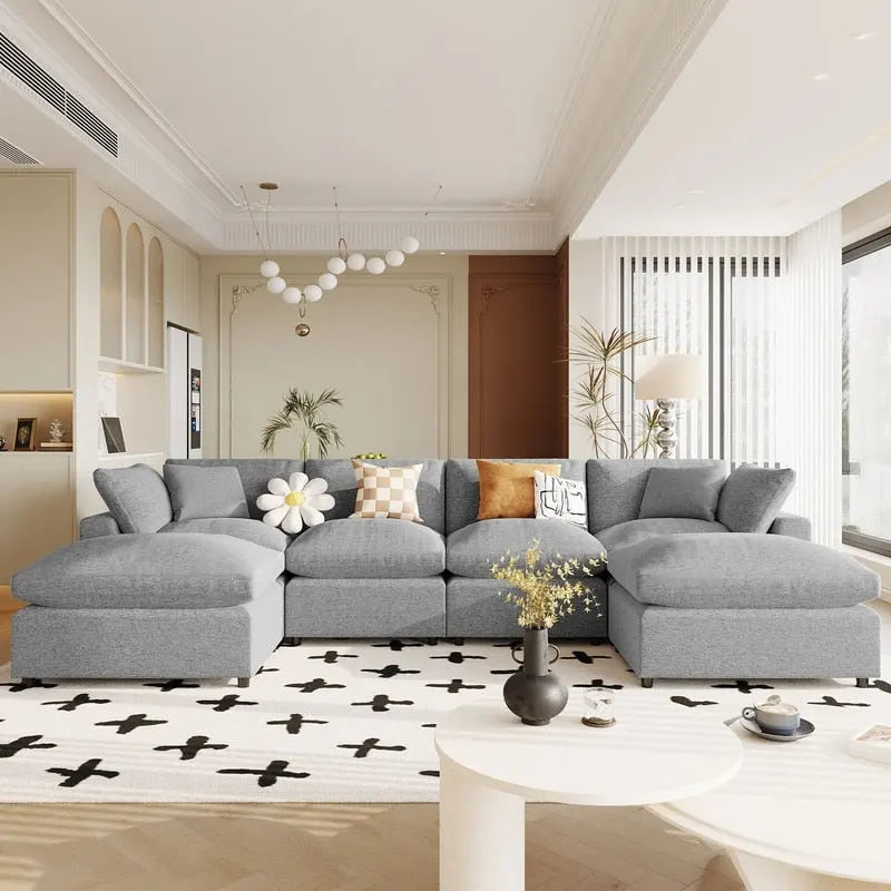 U-Shape Sectional Sofa, 2 Large Chaise with Removable Ottomans