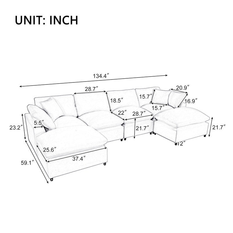 U-Shape Sectional Sofa, 2 Large Chaise with Removable Ottomans
