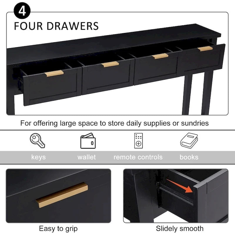 Kinbor Modern Console Table with 4 Drawers, Narrow Long Sofa Table with Open Shelf, Entryway Wood Console Table with Storage