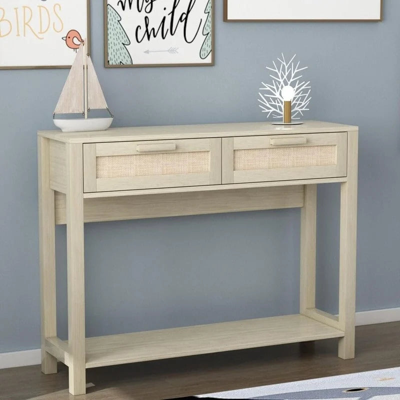 39.4 Rattan Console Table with 2 Drawers Entryway Table