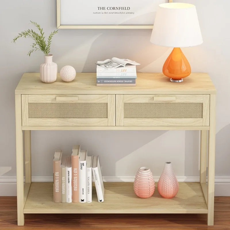 39.4 Rattan Console Table with 2 Drawers Entryway Table