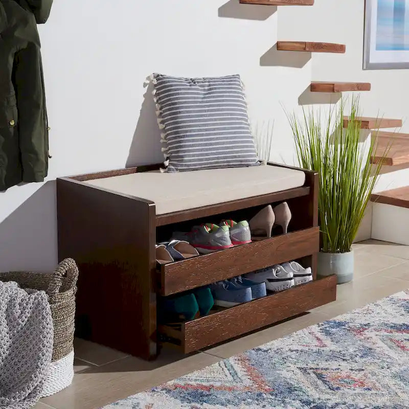SAFAVIEH Roseanna Shoe Storage Bench Oak / Beige - 34 W x 18 D x 21 H - 34Wx18Dx21H
