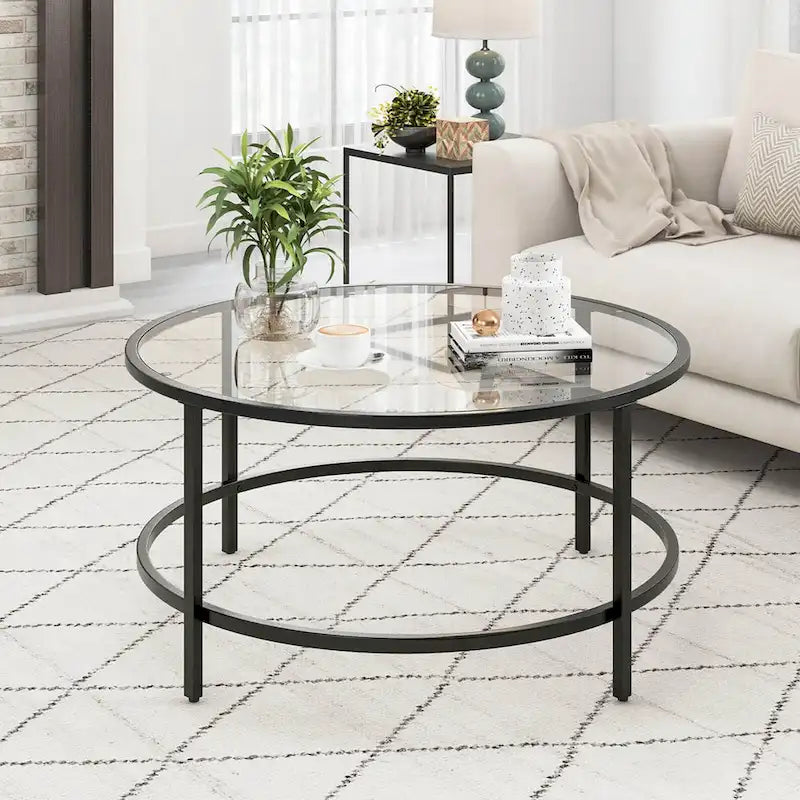 Costway 36 Round Coffee Table Tempered Glass Tabletop Metal Frame - See Details