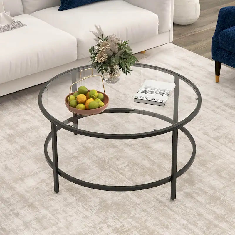 Costway 36 Round Coffee Table Tempered Glass Tabletop Metal Frame - See Details