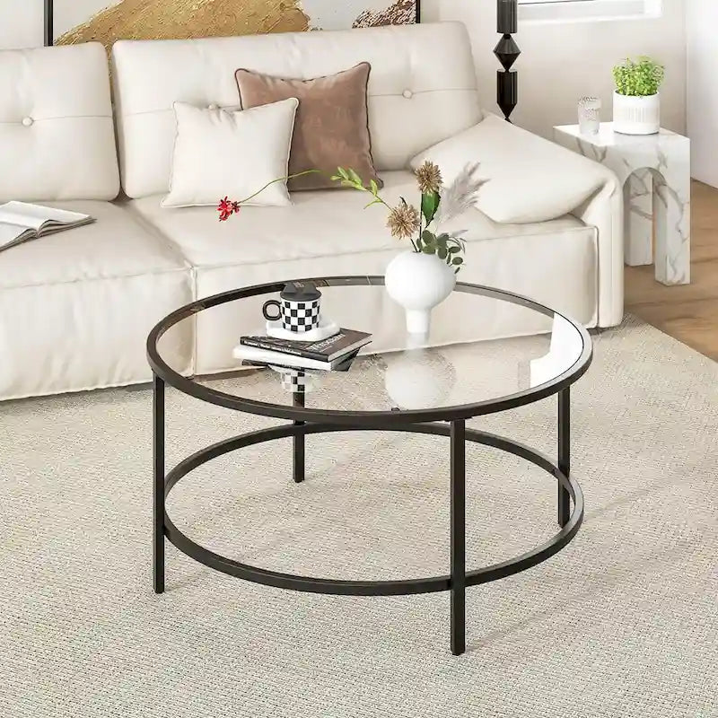 Costway 36 Round Coffee Table Tempered Glass Tabletop Metal Frame - See Details