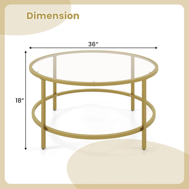 Costway 36 Round Coffee Table Tempered Glass Tabletop Metal Frame - See Details