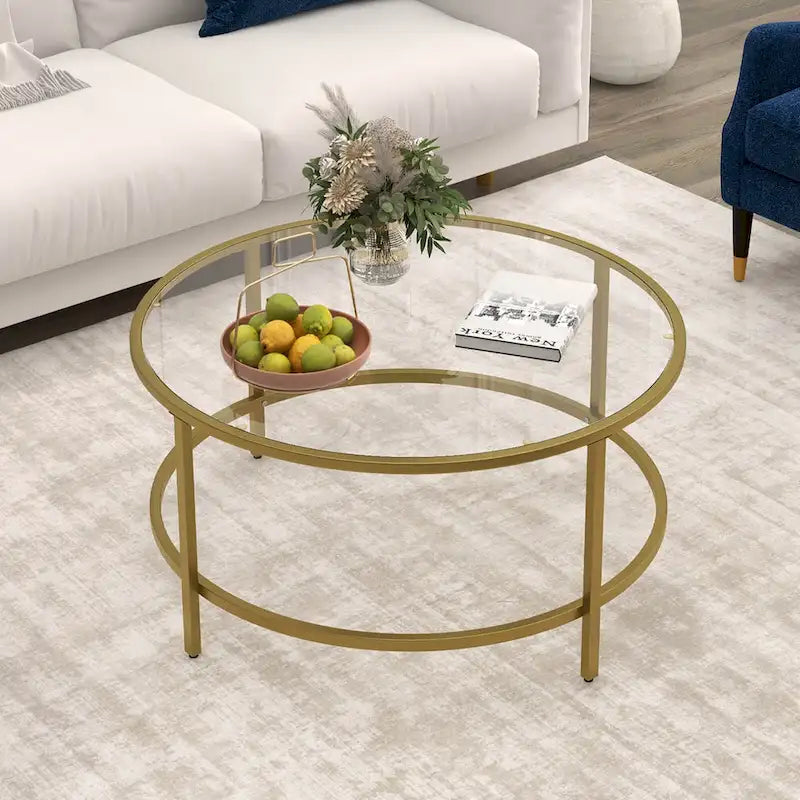 Costway 36 Round Coffee Table Tempered Glass Tabletop Metal Frame - See Details