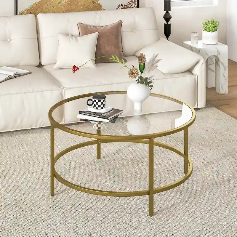Costway 36 Round Coffee Table Tempered Glass Tabletop Metal Frame - See Details