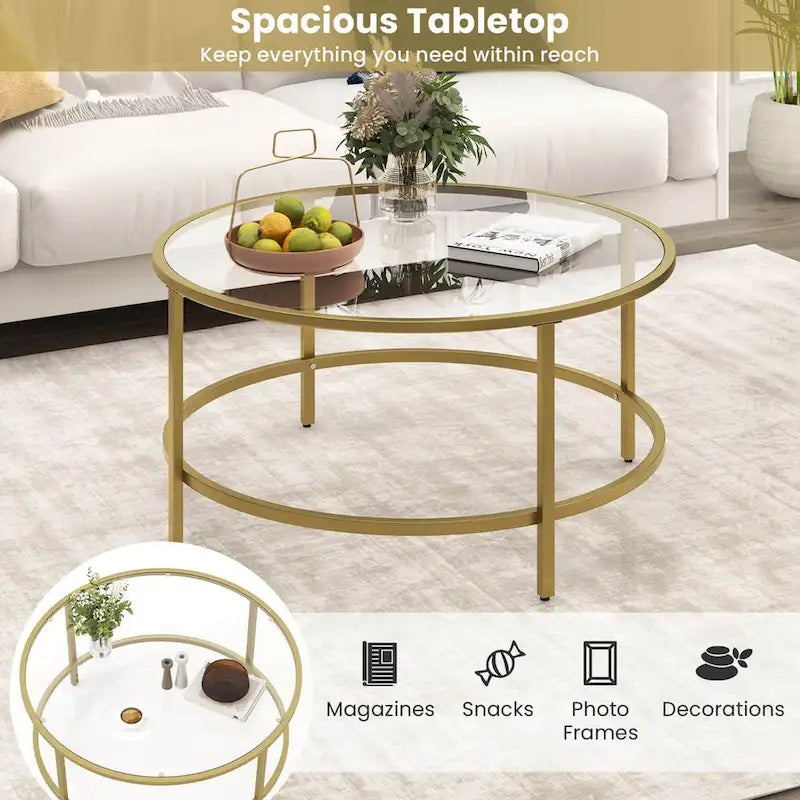 Costway 36 Round Coffee Table Tempered Glass Tabletop Metal Frame - See Details
