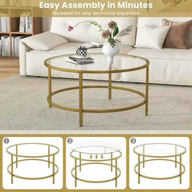 Costway 36 Round Coffee Table Tempered Glass Tabletop Metal Frame - See Details