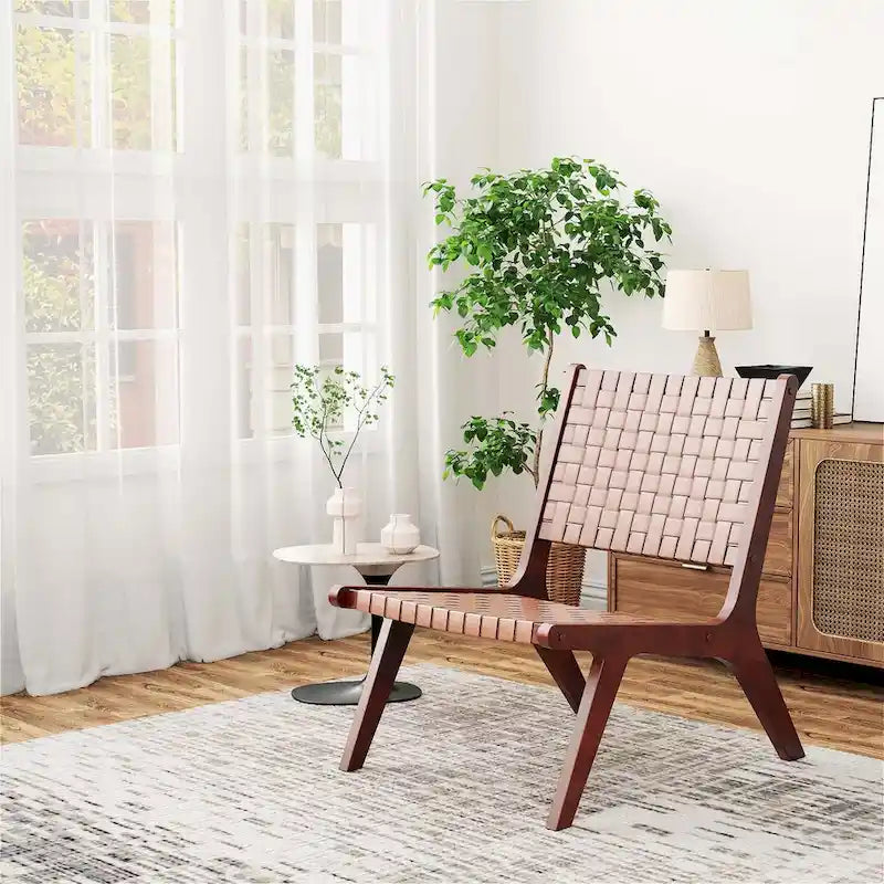 Costway Woven Leather Accent Chair Mid Century Rubber Wood Armless