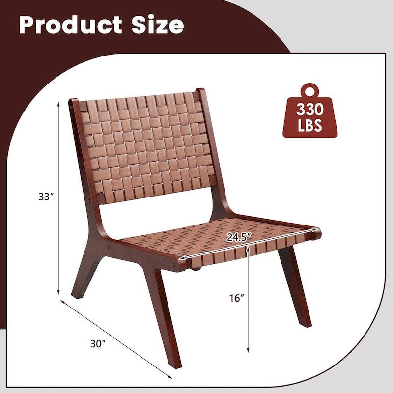 Costway Woven Leather Accent Chair Mid Century Rubber Wood Armless
