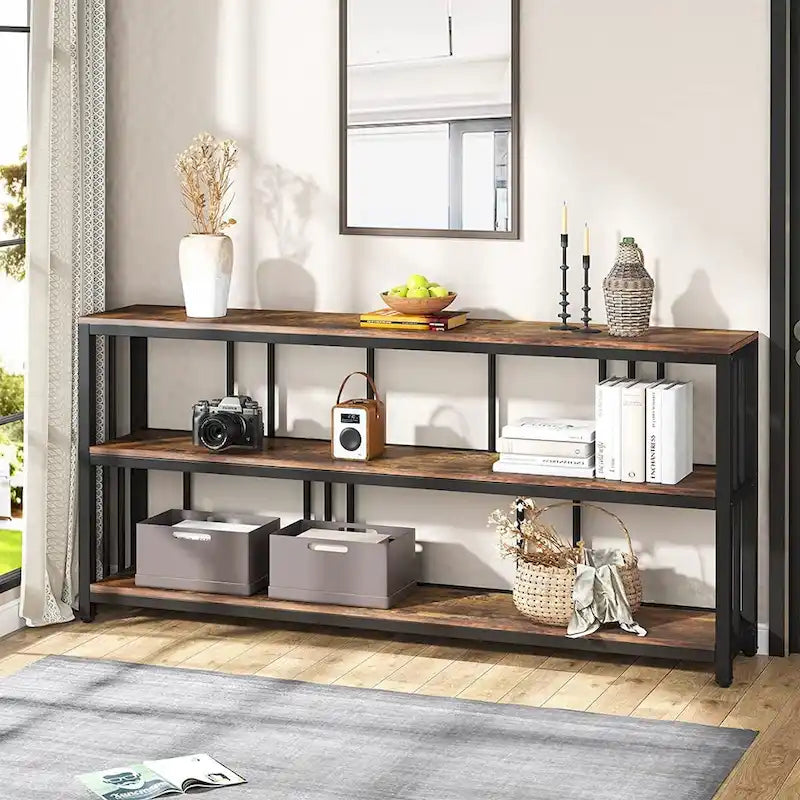 70.9 Console Table, 3 Tiers Sofa Table with Shelves,Brown