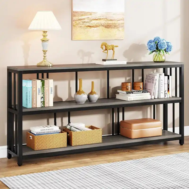 70.9 Console Table, 3 Tiers Sofa Table with Shelves,Brown