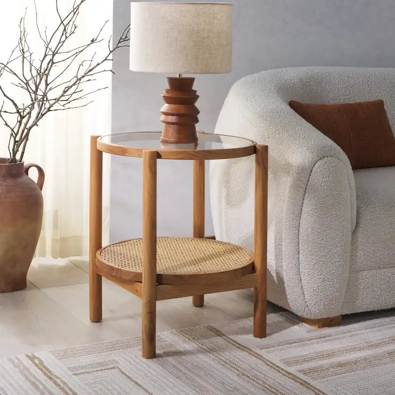 SAFAVIEH Couture Alberdine Rattan/Glass Accent Table - 23 In. W x 23 In. D x 24 In. H - 23W x 23D x 24H