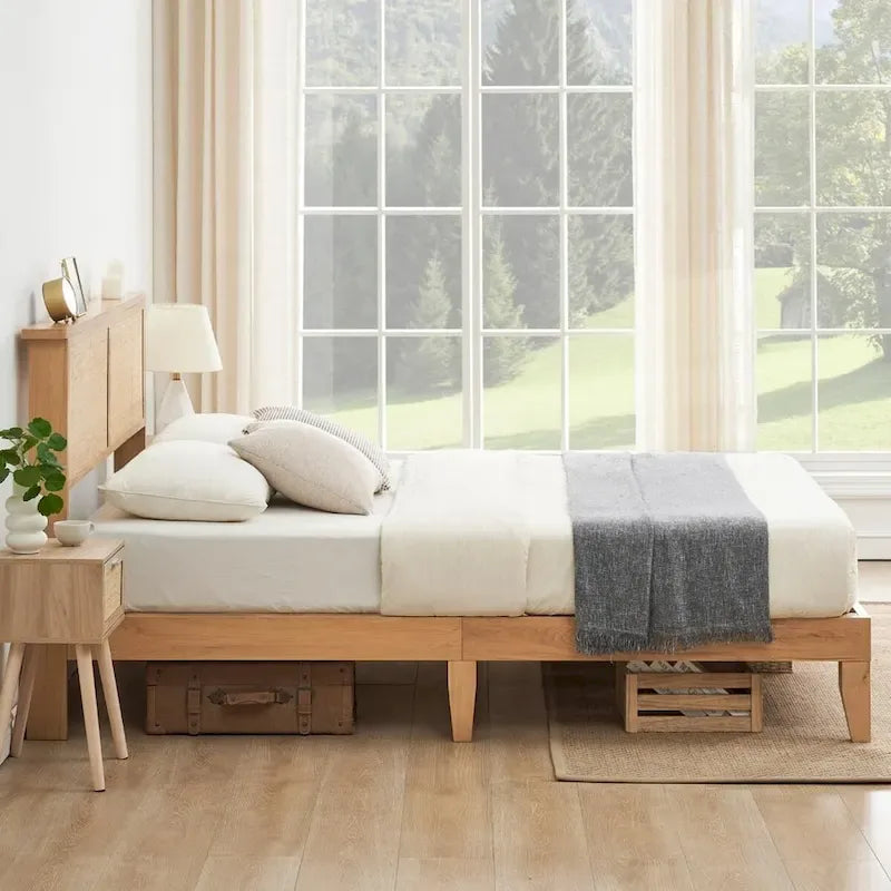 Modern Wooden Platform Bed Frame With Square Natural Rattan Headboard And LED Lights