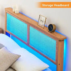 Modern Wooden Platform Bed Frame With Square Natural Rattan Headboard And LED Lights