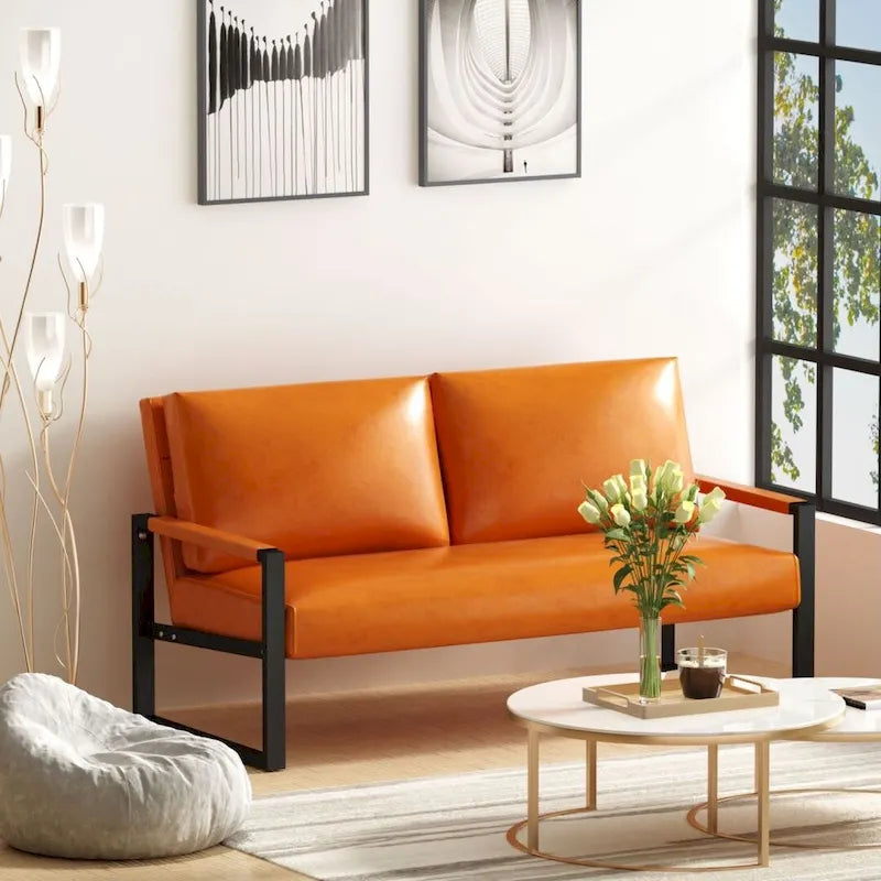 Mieres Mid-Century Style Faux Leather Loveseat Sofa with Steel Frame