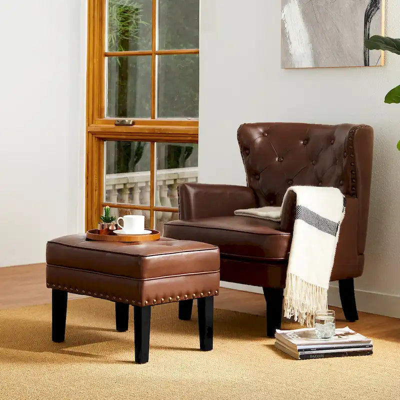 Glitzhome 22W Mid-century PU Leather Tufted Ottoman Foot Stool
