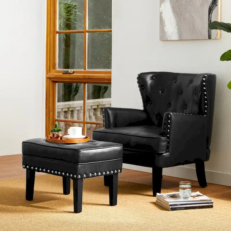 Glitzhome 22W Mid-century PU Leather Tufted Ottoman Foot Stool