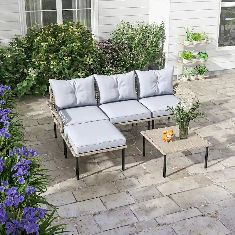 Outsunny 5 Piece Patio Furniture Set, Outdoor Conversation Set with L-Shaped Sofa, Cushions, for Backyard, Lawn and Pool