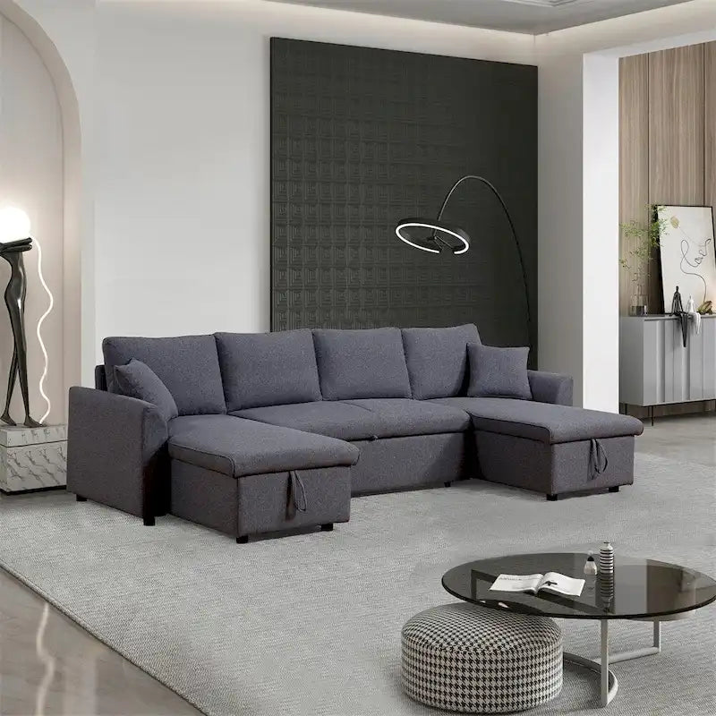 U-Shape Pull-out Sleeper Sectional Sofa with Double Storage Spaces