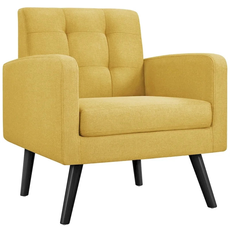 Mid Century Modern Fabric Arm Chair Tufted Accent Chair with Rubber Wooden Leg