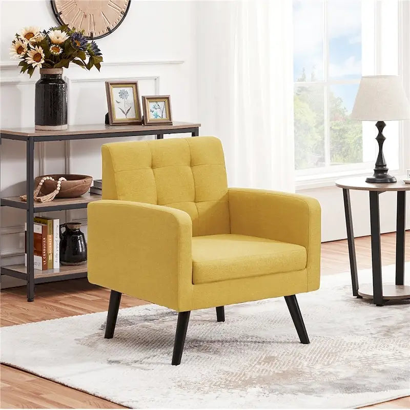 Mid Century Modern Fabric Arm Chair Tufted Accent Chair with Rubber Wooden Leg