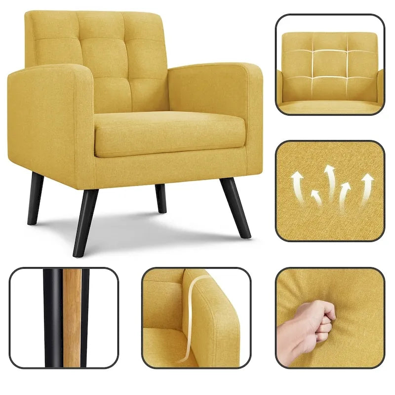 Mid Century Modern Fabric Arm Chair Tufted Accent Chair with Rubber Wooden Leg