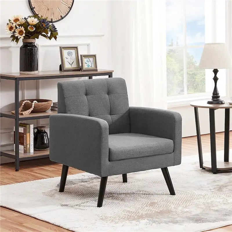 Mid Century Modern Fabric Arm Chair Tufted Accent Chair with Rubber Wooden Leg