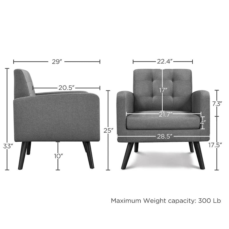 Mid Century Modern Fabric Arm Chair Tufted Accent Chair with Rubber Wooden Leg