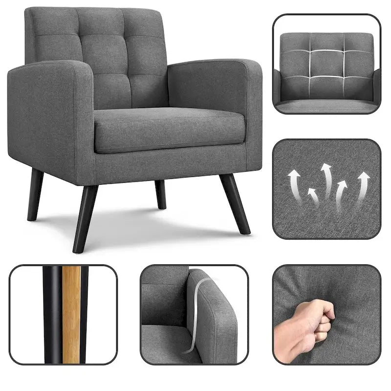 Mid Century Modern Fabric Arm Chair Tufted Accent Chair with Rubber Wooden Leg