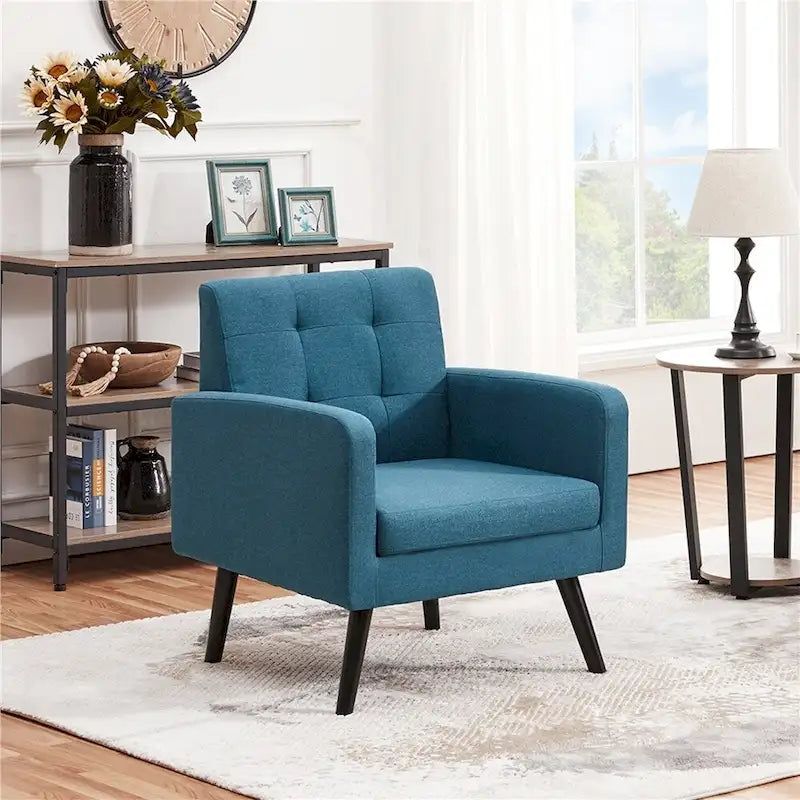 Mid Century Modern Fabric Arm Chair Tufted Accent Chair with Rubber Wooden Leg