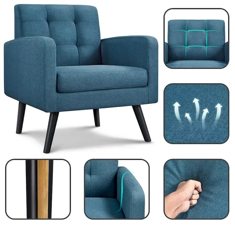 Mid Century Modern Fabric Arm Chair Tufted Accent Chair with Rubber Wooden Leg