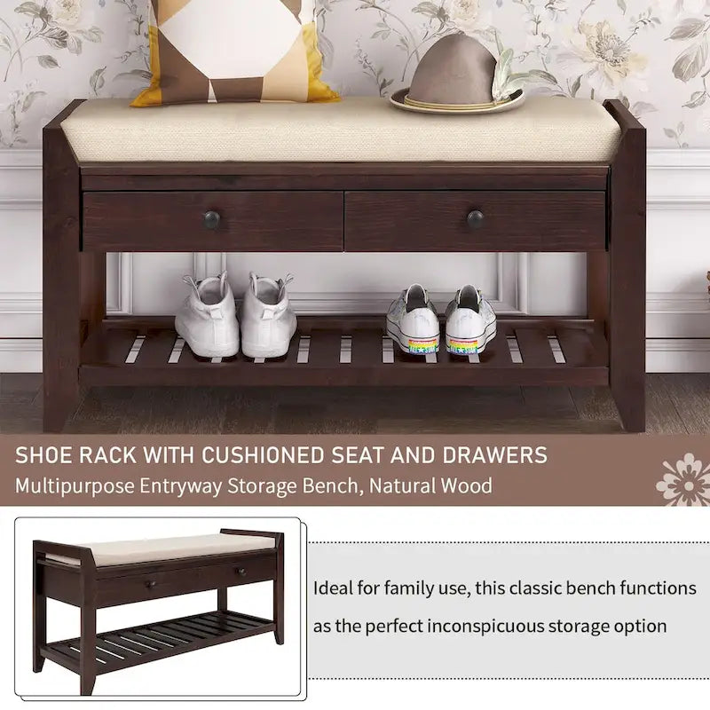 Shoe Rack with Cushioned Seat and Drawers, Multipurpose Entryway Storage Bench