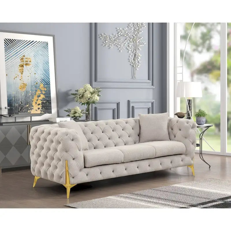 3 Pieces Mid-century Modern Buckle Fabric Living Room Sofa Set Sectional