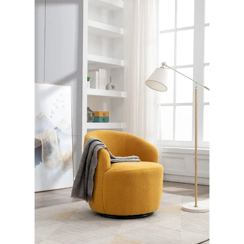 Swivel Accent Armchair Teddy Fabric Upholstered Barrel Chair with Black Point Round Swivel Metal Base