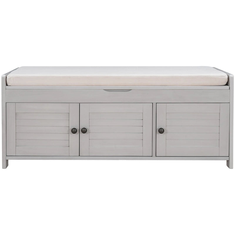 Storage Bench with 3 Shutter-shaped Doors, Removable Cushion and Hidden Storage Space - 43.5L x 16W x 18H