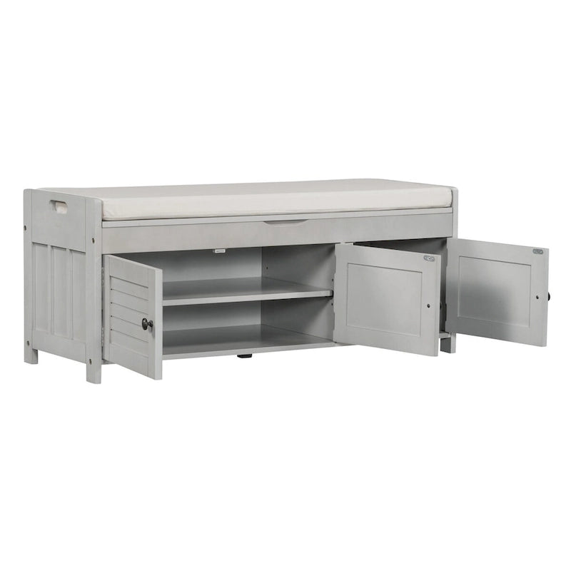 Storage Bench with 3 Shutter-shaped Doors, Removable Cushion and Hidden Storage Space - 43.5L x 16W x 18H