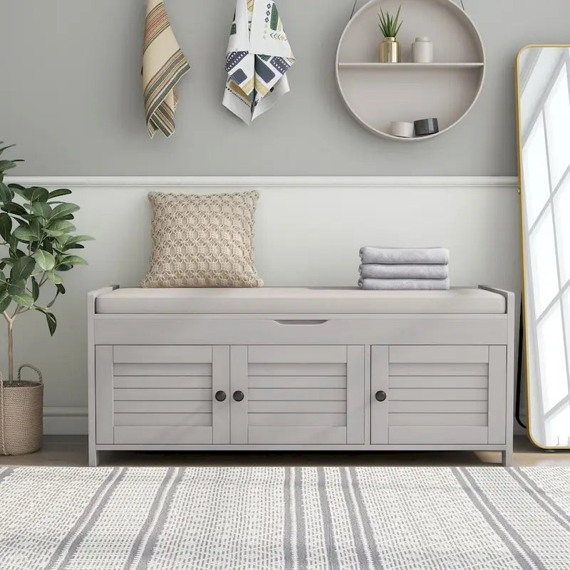 Storage Bench with 3 Shutter-shaped Doors, Removable Cushion and Hidden Storage Space - 43.5L x 16W x 18H