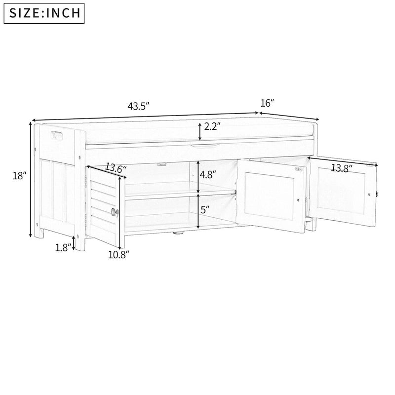 Storage Bench with 3 Shutter-shaped Doors, Removable Cushion and Hidden Storage Space - 43.5L x 16W x 18H