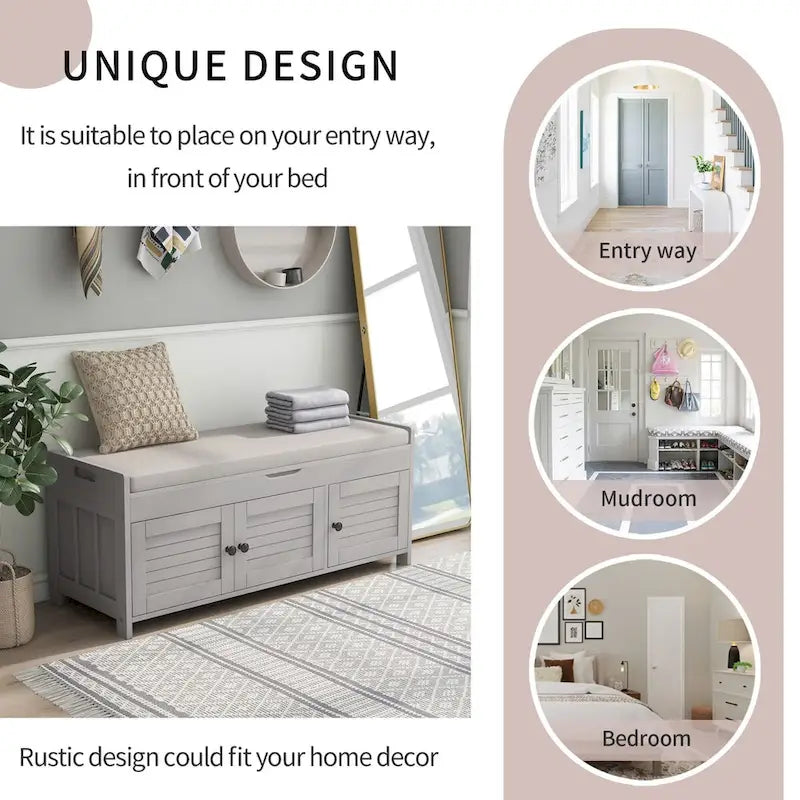 Storage Bench with 3 Shutter-shaped Doors, Removable Cushion and Hidden Storage Space - 43.5L x 16W x 18H