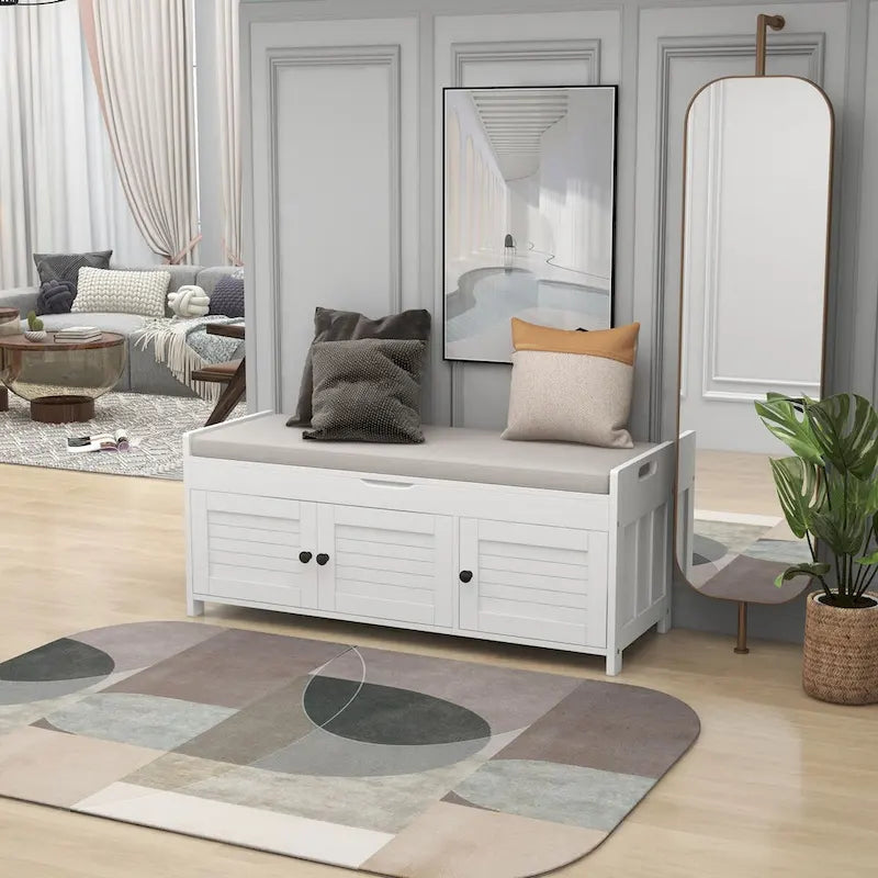 Storage Bench with 3 Shutter-shaped Doors, Removable Cushion and Hidden Storage Space - 43.5L x 16W x 18H