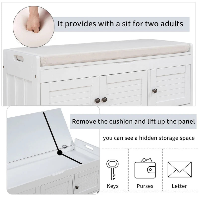 Storage Bench with 3 Shutter-shaped Doors, Removable Cushion and Hidden Storage Space - 43.5L x 16W x 18H