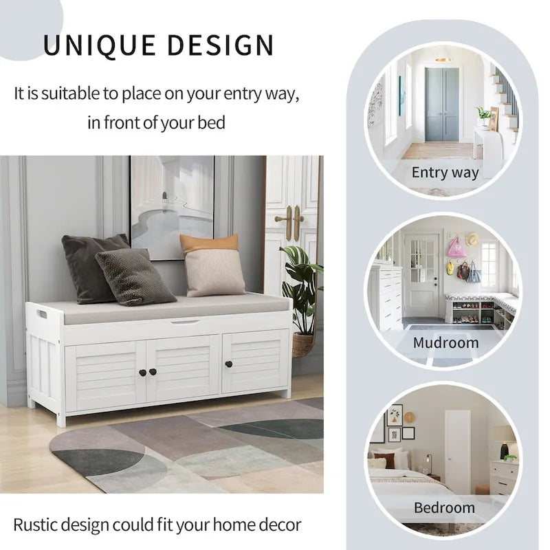 Storage Bench with 3 Shutter-shaped Doors, Removable Cushion and Hidden Storage Space - 43.5L x 16W x 18H